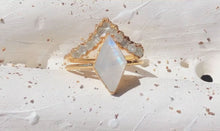 Load and play video in Gallery viewer, Raw Rainbow Moonstone Wedding Ring, Raw Diamond Engagement Ring
