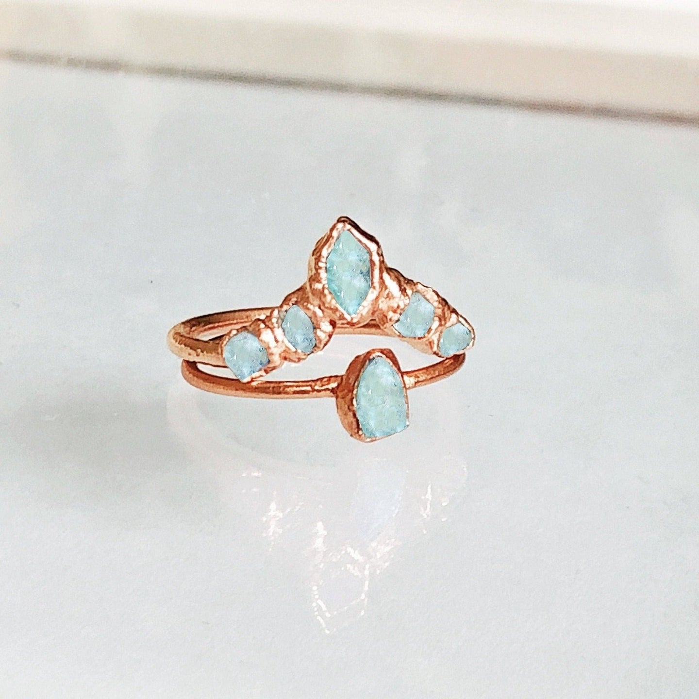 JadedDesignNYC Raw Aquamarine Ring Set for Women, Alternative Aquamarine Engagement Ring, Raw Aquamarine Jewelry, March Birthstone