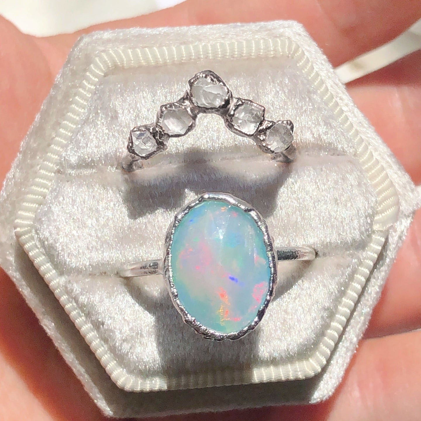 JadedDesignNYC Raw Diamond Wedding Ring, Raw Opal Engagement Ring