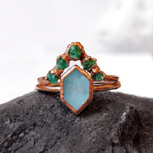 Load image into Gallery viewer, JadedDesignNYC Raw Emerald and Aquamarine Wedding Ring Set, Raw Emerald Engagement Ring
