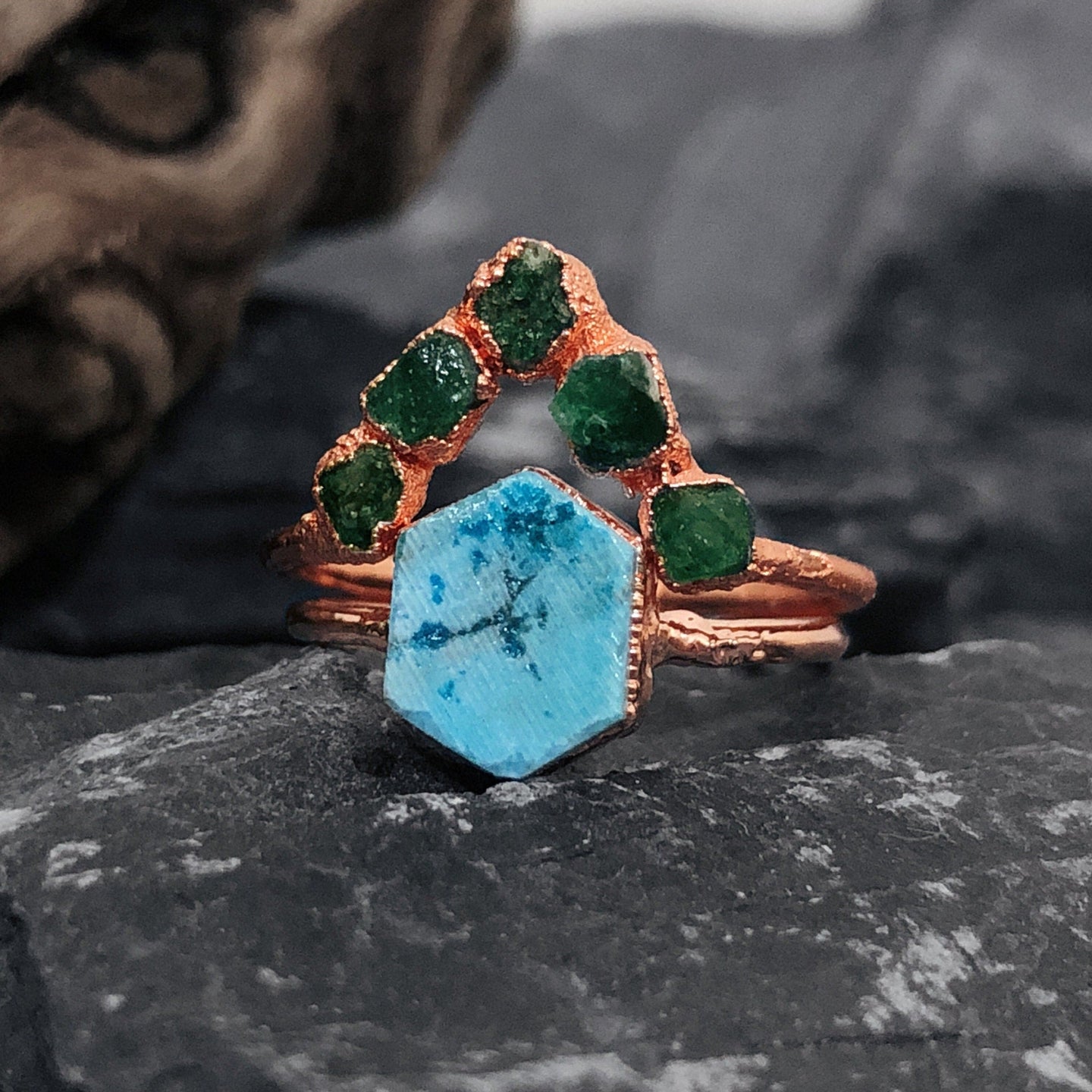 JadedDesignNYC Raw Emerald Engagement Ring Set, Raw Stone Ring, Emerald Jewelry, Raw Turquoise Ring,Raw Gemstone Ring, Emerald Stackable Ring,Gift For Her