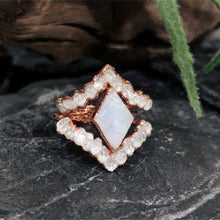 Load image into Gallery viewer, JadedDesignNYC Raw Moonstone Ring, Raw Herkimer Diamond Ring, Moonstone Wedding Ring
