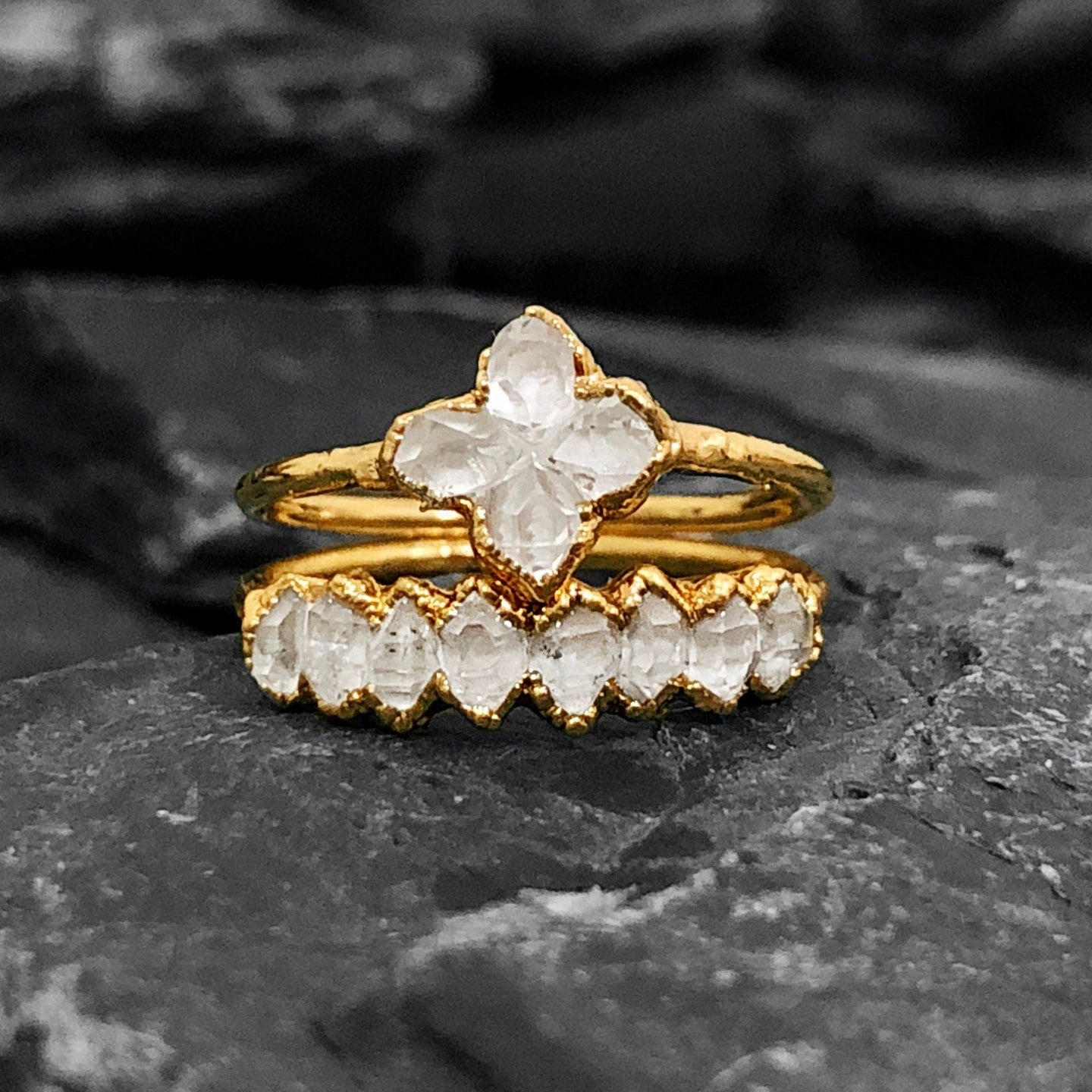 JadedDesignNYC Raw Stone Engagement Ring Set For Woman, Raw Herkimer Diamonds Ring, Raw Diamond Engagement Ring, Herkimer Stacking Ring
