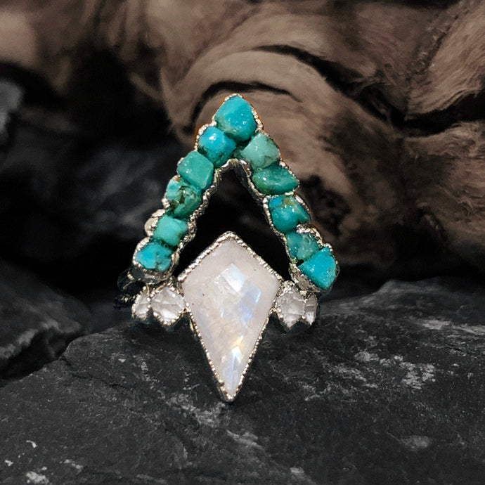JadedDesignNYC Raw Turquoise-Rainbow Moonstone Ring, Raw Gemstone Engagement Ring S