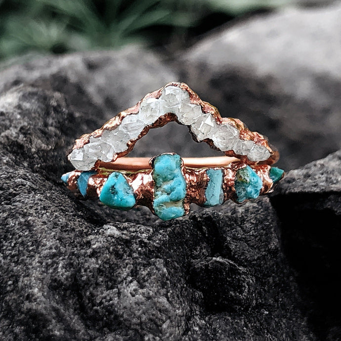 JadedDesignNYC Raw Turquoise Wedding/Engagement Ring, Rough Diamond Ring, Herkimer Diamond Ring, Turquoise Engagement Ring Set