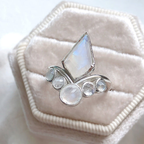 JadedDesignNYC Silver Ring, Rainbow Moonstone Engagement Rings, Raw Gemstone Rings